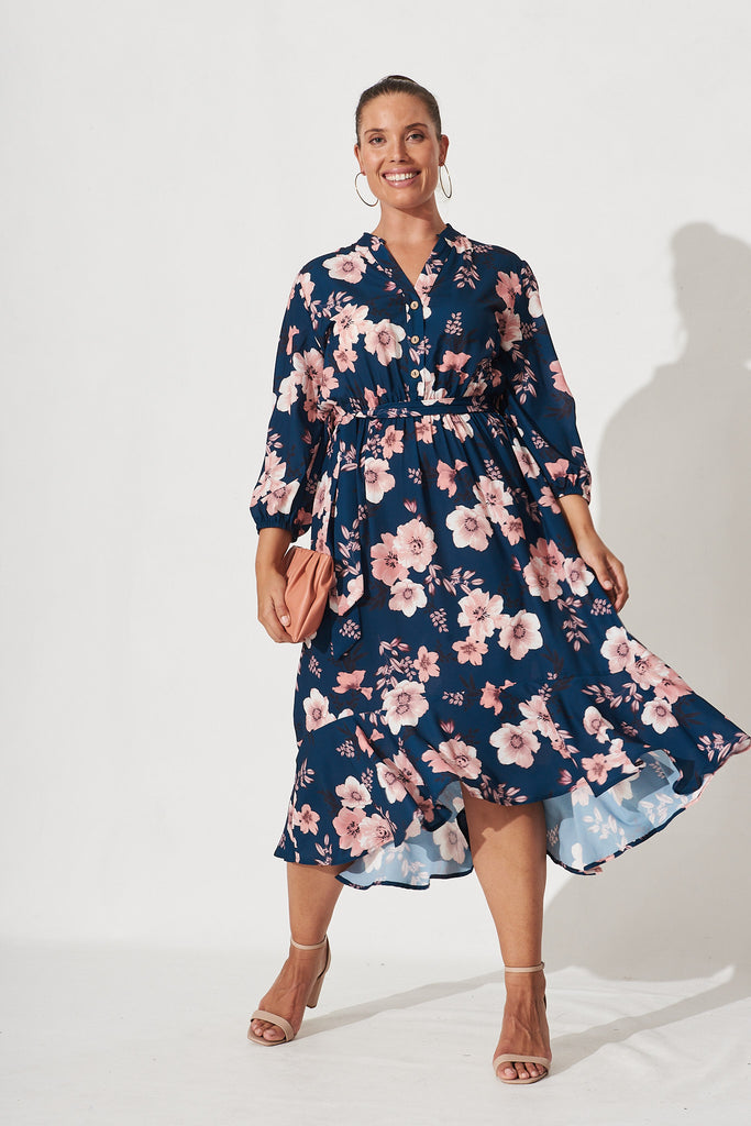 Jemimah Midi Dress In Teal With Blush Floral - Full Length