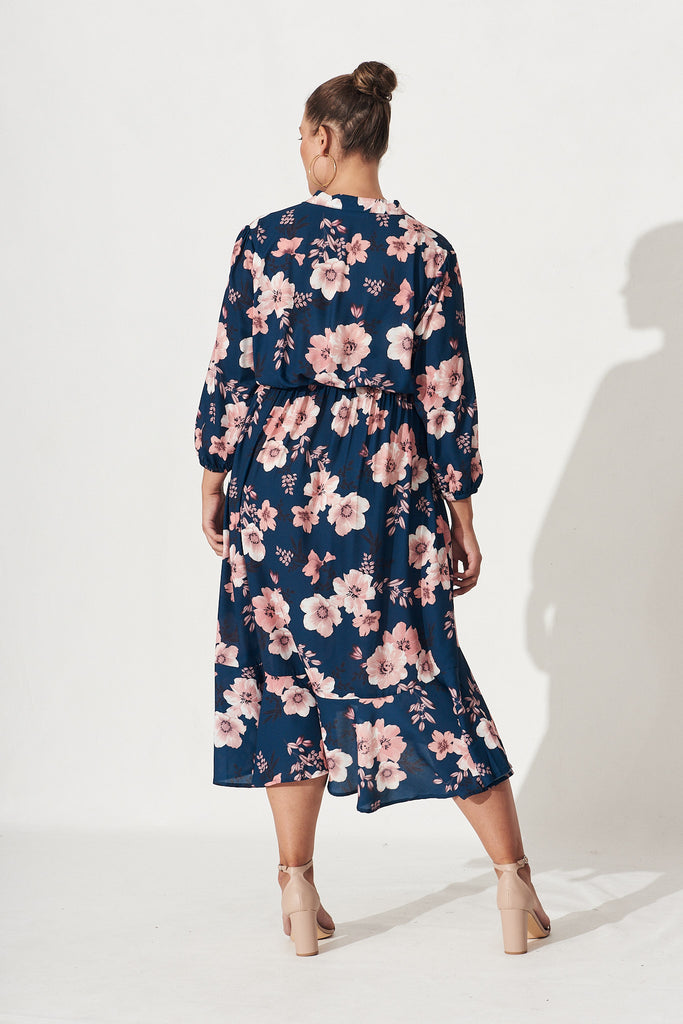 Jemimah Midi Dress In Teal With Blush Floral - Back