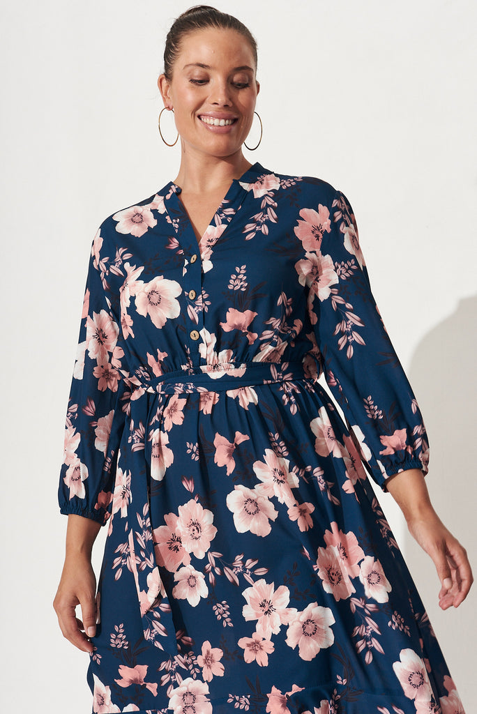 Jemimah Midi Dress In Teal With Blush Floral - Front