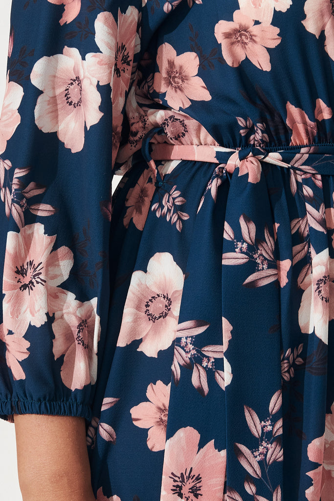 Jemimah Midi Dress In Teal With Blush Floral - Detail