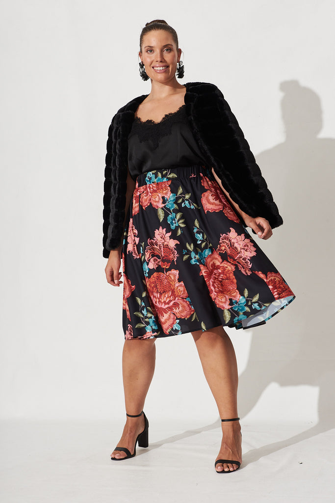 Hunny Skirt In Black With Red Floral - Full Length