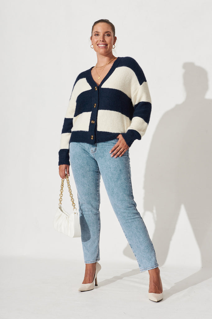 Corso Stripe Knit Cardigan In Navy And White - Full Length