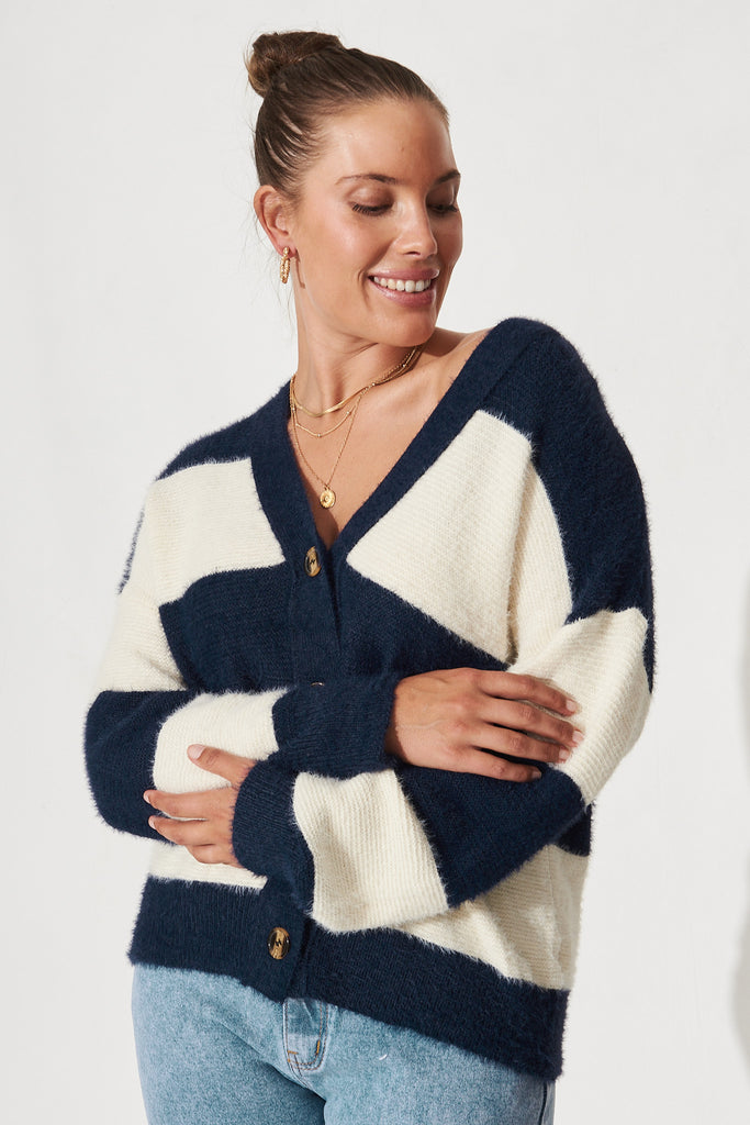 Corso Stripe Knit Cardigan In Navy And White - Front