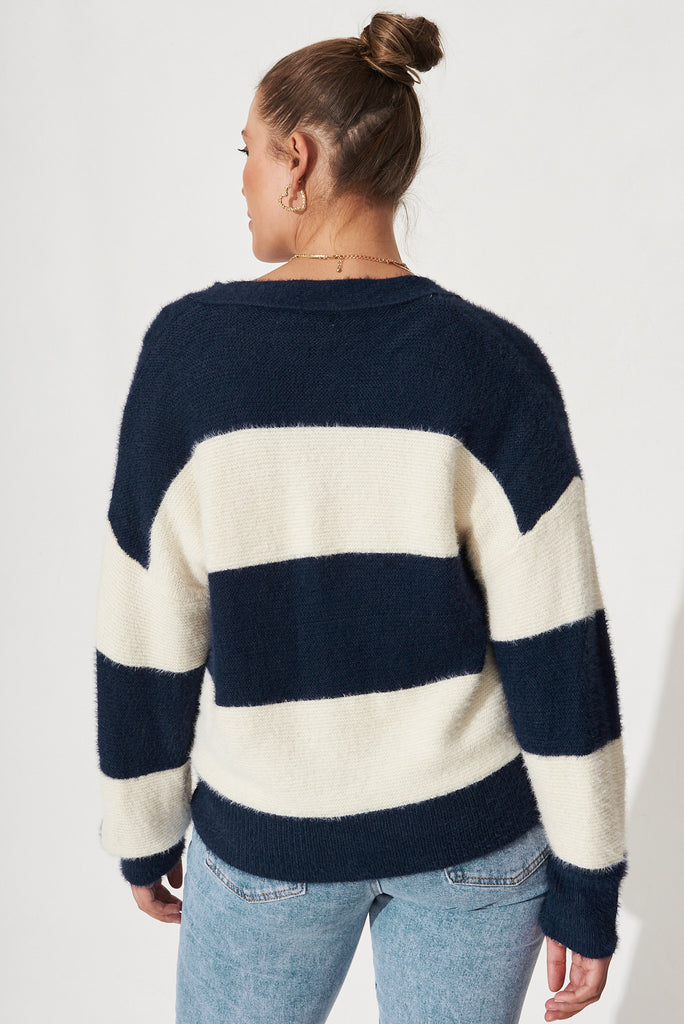 Corso Stripe Knit Cardigan In Navy And White - Back