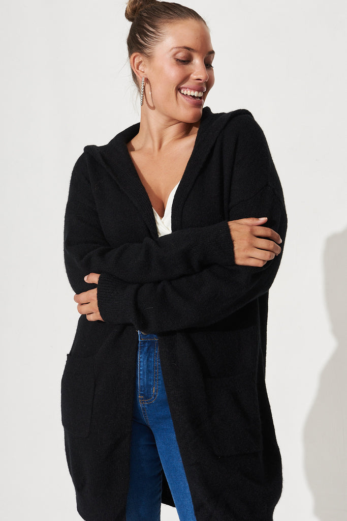 Marcela Hooded Knit Cardigan In Black - Front