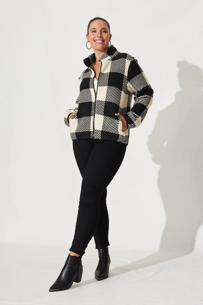 Linea Fluffy Jacket In Black With Beige Check - Full Length
