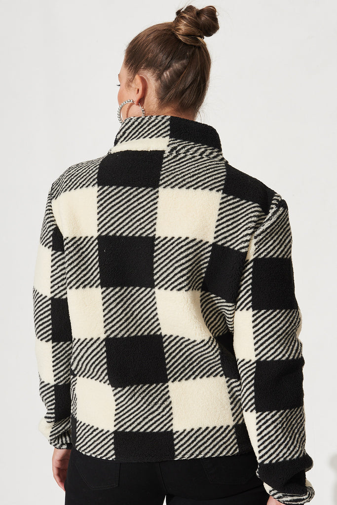 Linea Fluffy Jacket In Black With Beige Check - Back