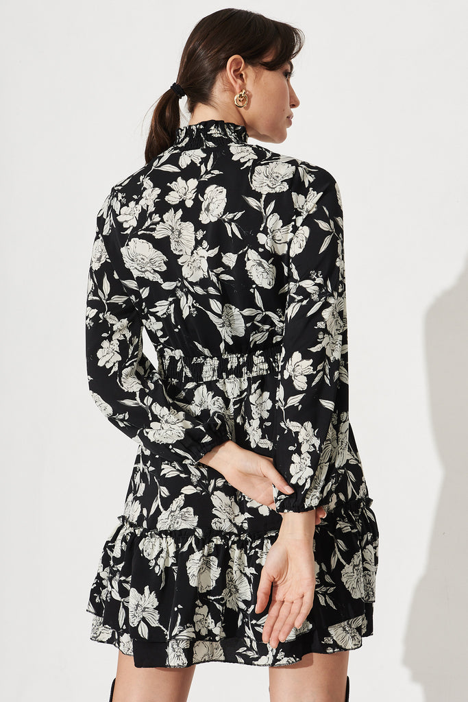 Audree High Neck Dress In Black With Cream Floral - Back