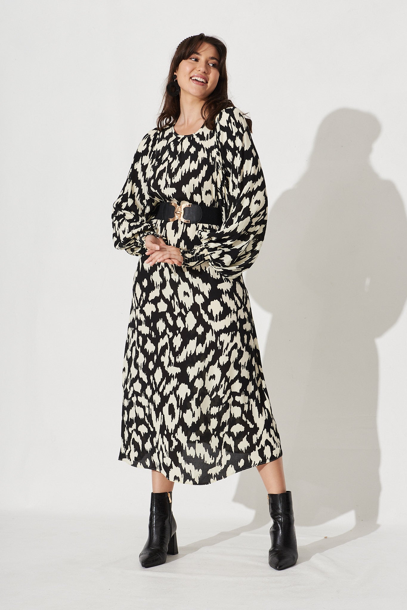 Nerilee Maxi Dress In Black With White Leopard Print - Full Length Styling