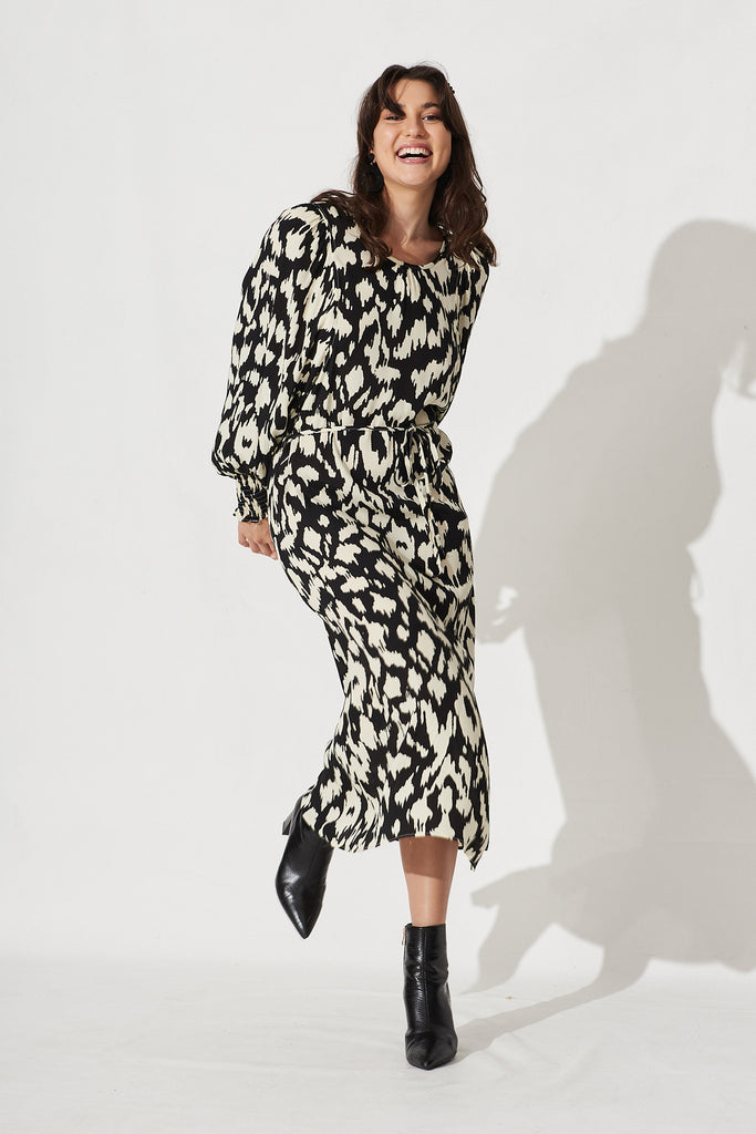 Nerilee Maxi Dress In Black With White Leopard Print - Full Length