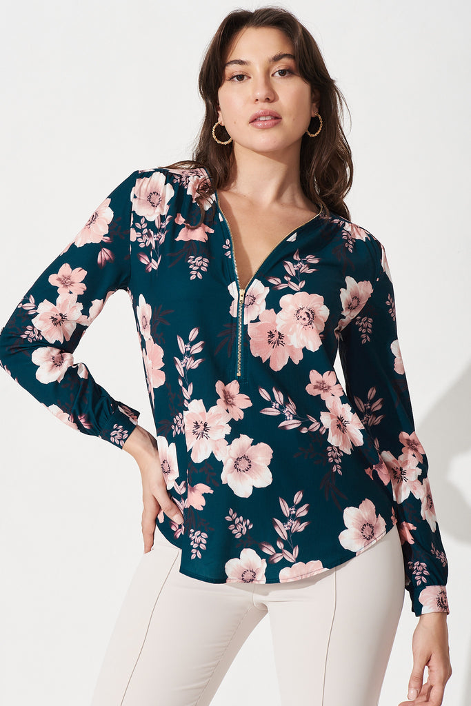 Emerson Top In Teal With Blush Floral - Front