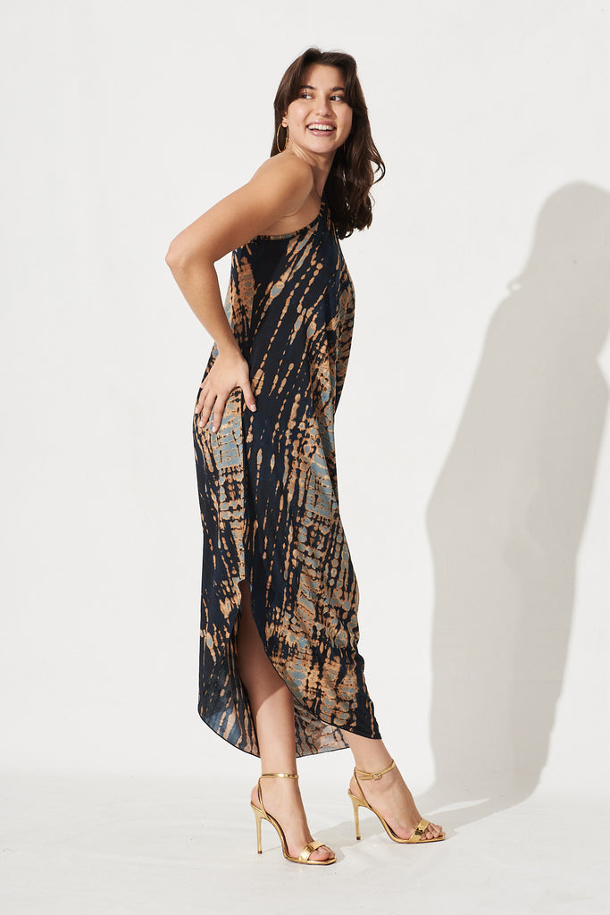 Goddess One Shoulder Maxi Dress In Navy With Rust Print - Side