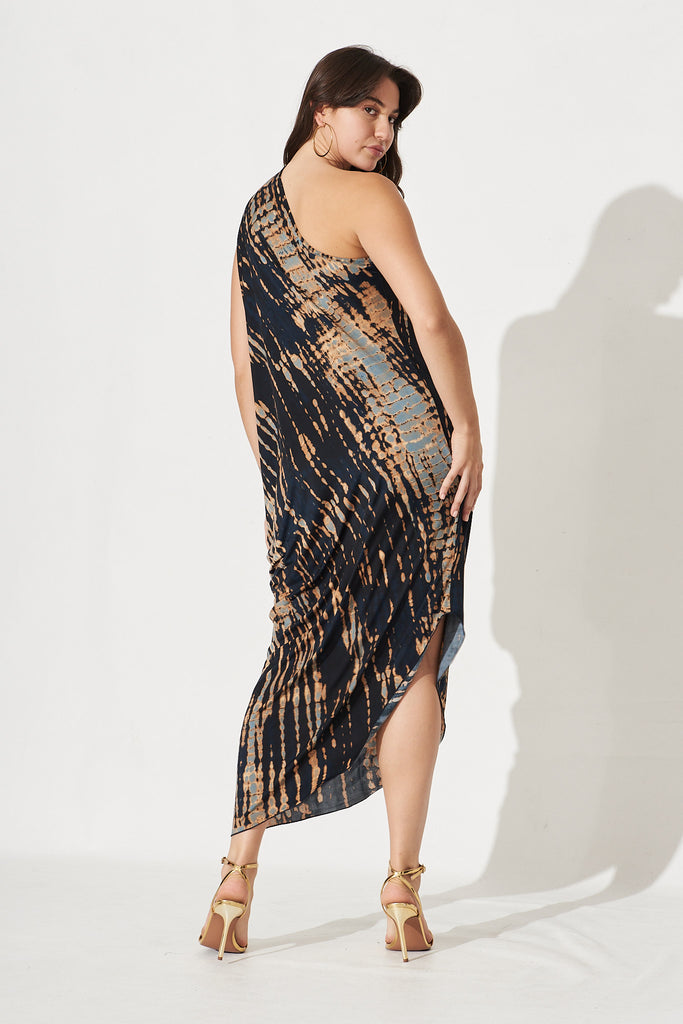 Goddess One Shoulder Maxi Dress In Navy With Rust Print - Back
