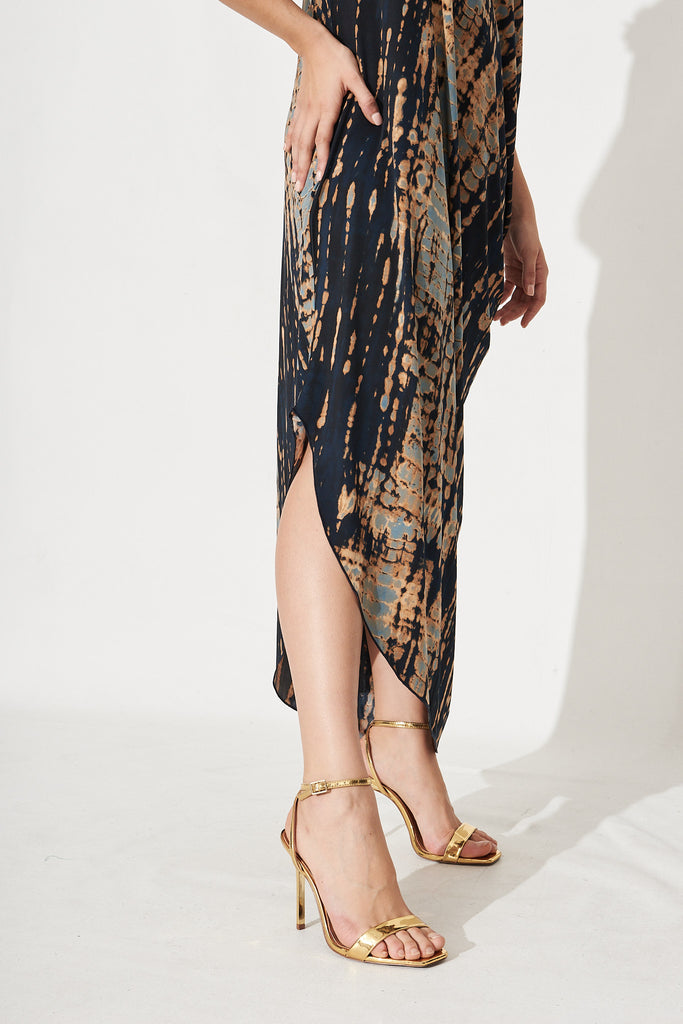 Goddess One Shoulder Maxi Dress In Navy With Rust Print - Detail
