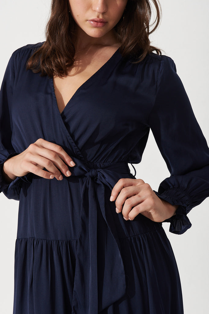 Dominique Maxi Dress In Navy Satin - Detail