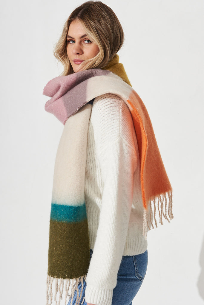 August + Delilah Surianne Oversized Knit Scarf in Green and Orange Checkerprint - Side
