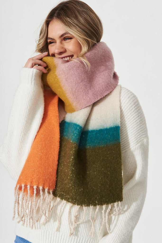August + Delilah Surianne Oversized Knit Scarf in Green and Orange Checkerprint - Front
