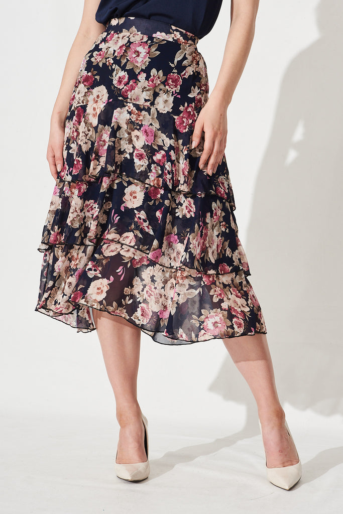 Sharlyn Midi Skirt In Navy With Purple Floral Chiffon - Front