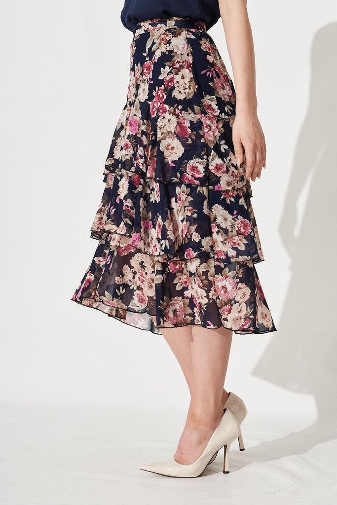 Sharlyn Midi Skirt In Navy With Purple Floral Chiffon - Side