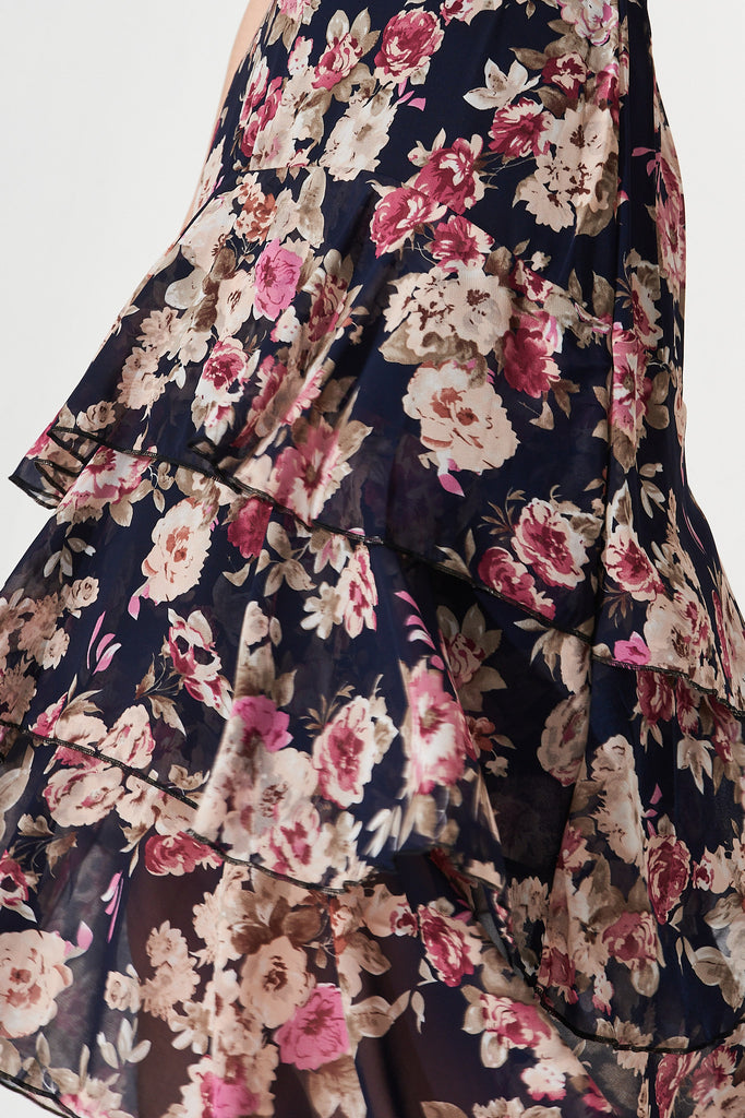 Sharlyn Midi Skirt In Navy With Purple Floral Chiffon - Detail