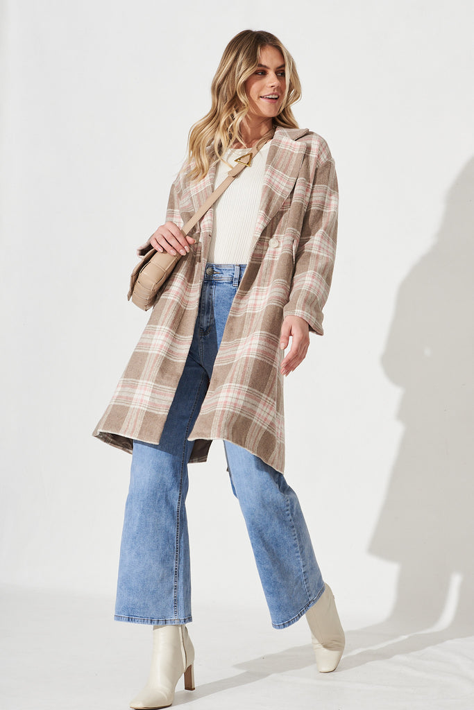 Montana Coat In Beige With Blush Check - Full Length
