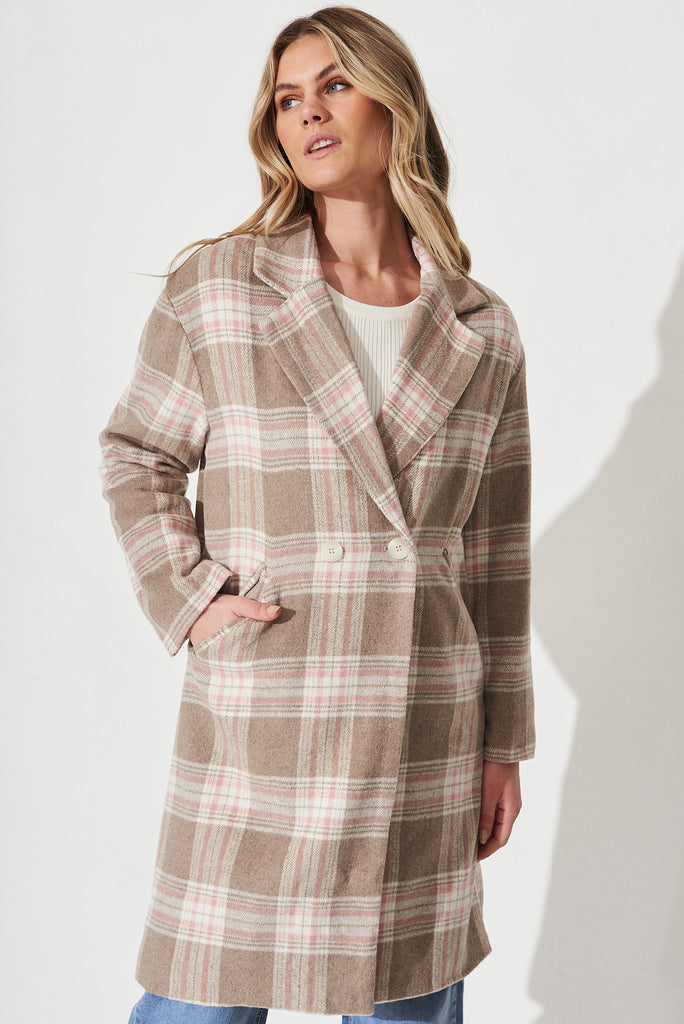 Montana Coat In Beige With Blush Check - Front