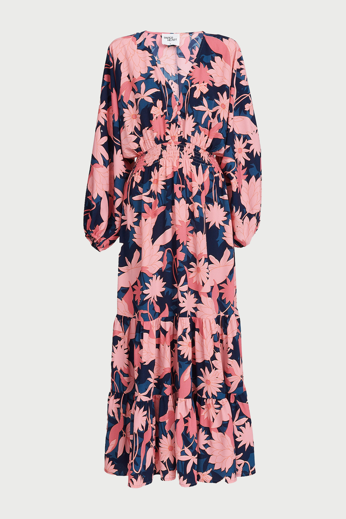 Lavinia Midi Dress In Teal With Blush Floral Satin - ghost image