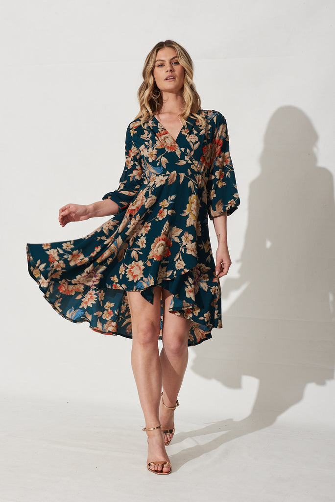 Composure Wrap Dress In Green With Beige Floral Crepe - Full Length