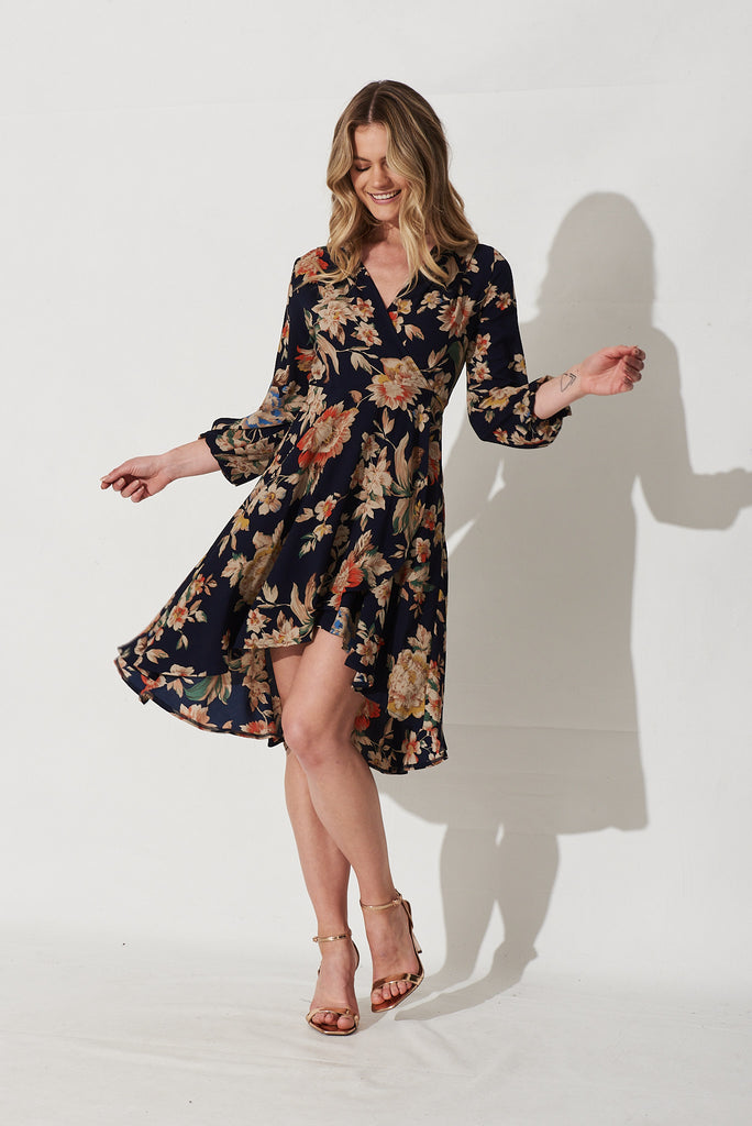 Composure Wrap Dress In Navy With Rust Floral Crepe - Full Length