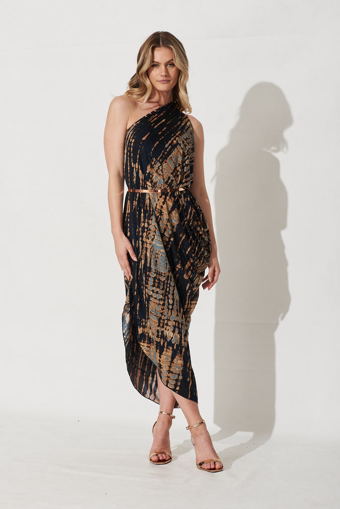Goddess One Shoulder Maxi Dress In Navy With Rust Print
