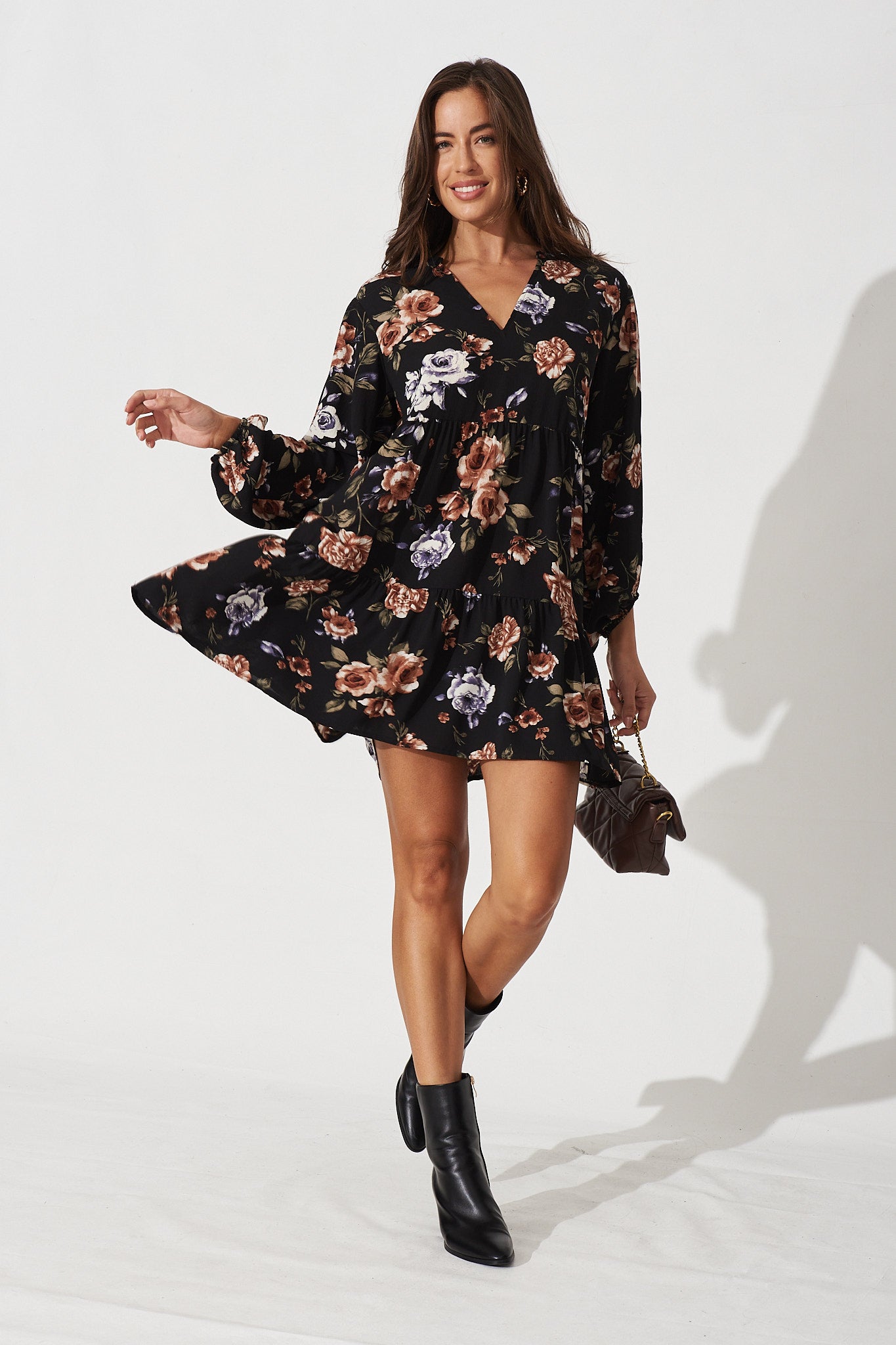 Becca Smock Dress In Navy With Beige Floral Crepe - Full Length