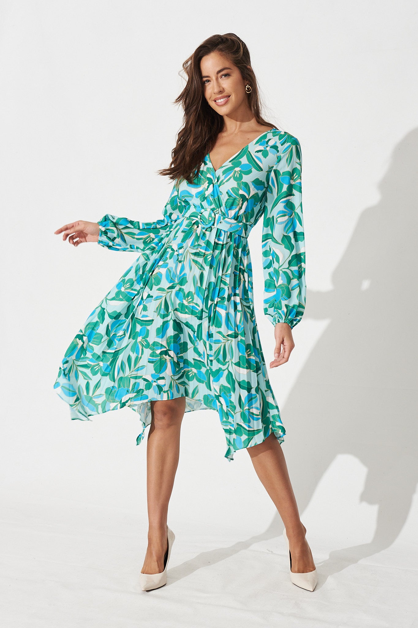 Kaylee Midi Dress In Green Floral Print - Full Length