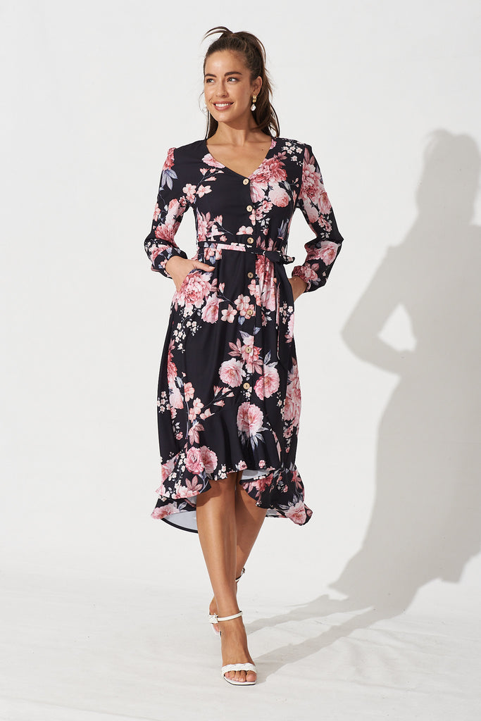Mabo Midi Dress In Black With Pink Floral - Full Length