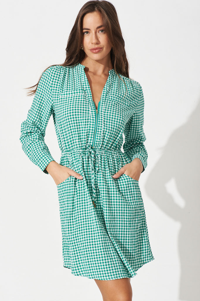 Miley Dress In Green Gingham - Front