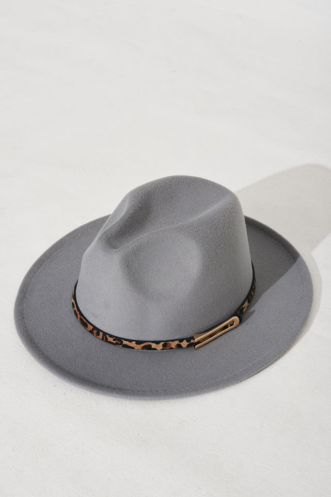 August + Delilah Edlyn Fedora Hat In Light Grey With Leopard Trim - Full Length