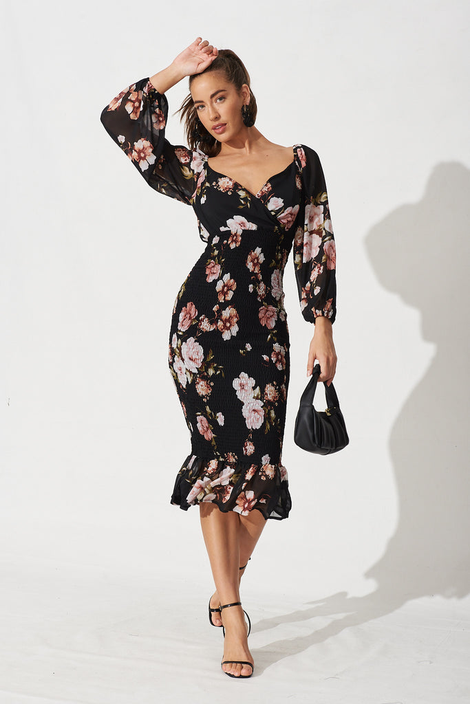 Arie Maxi Dress In Chiffon Black Floral - Full Length