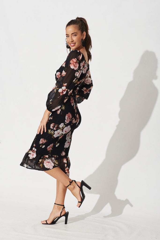 Arie Maxi Dress In Chiffon Black Floral - Side