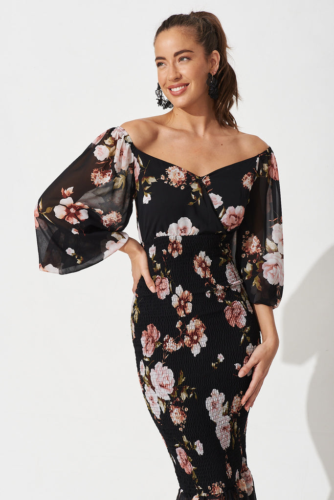 Arie Maxi Dress In Chiffon Black Floral - Front