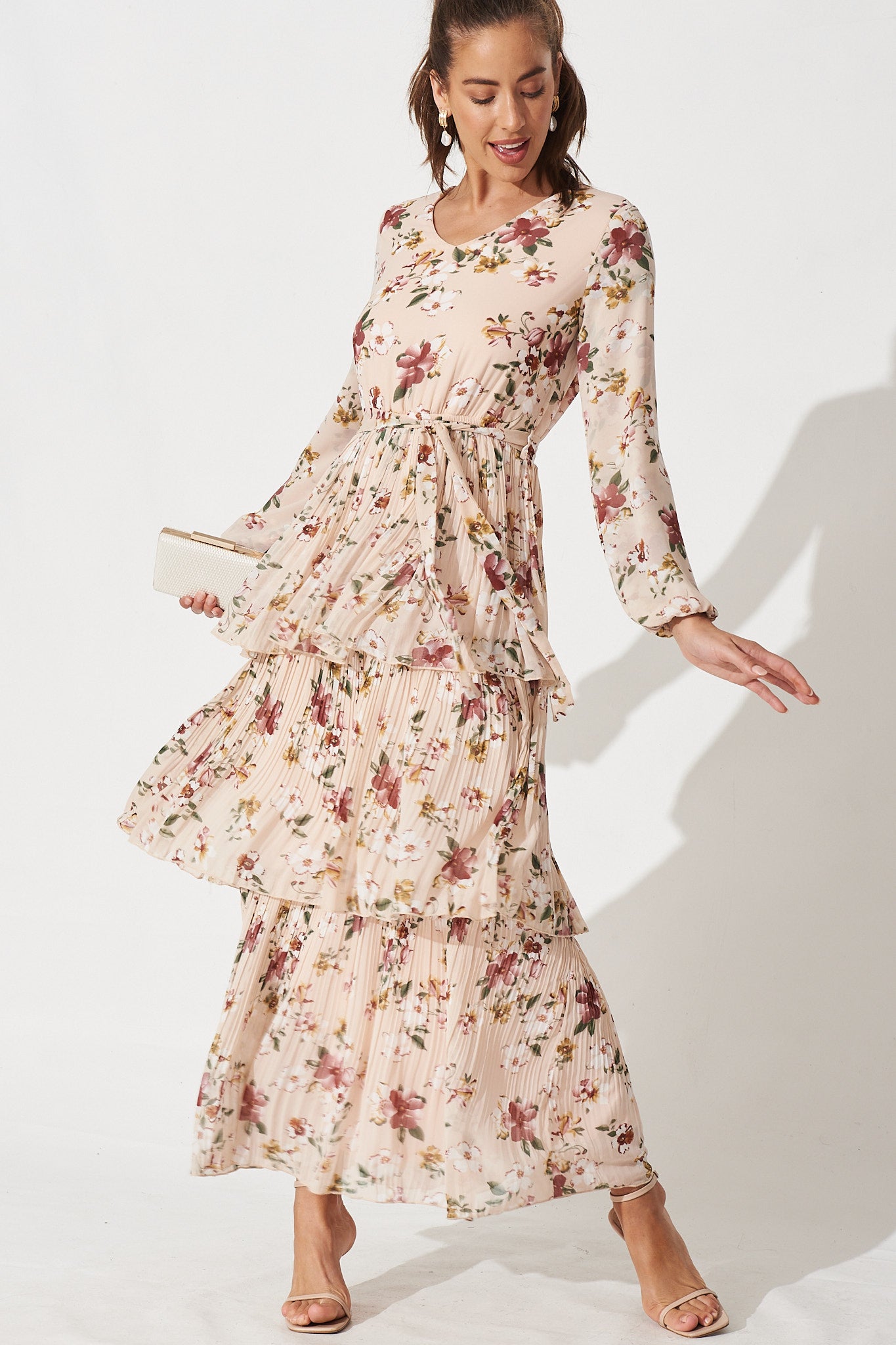 Shally Maxi Dress in Apricot Floral - Front
