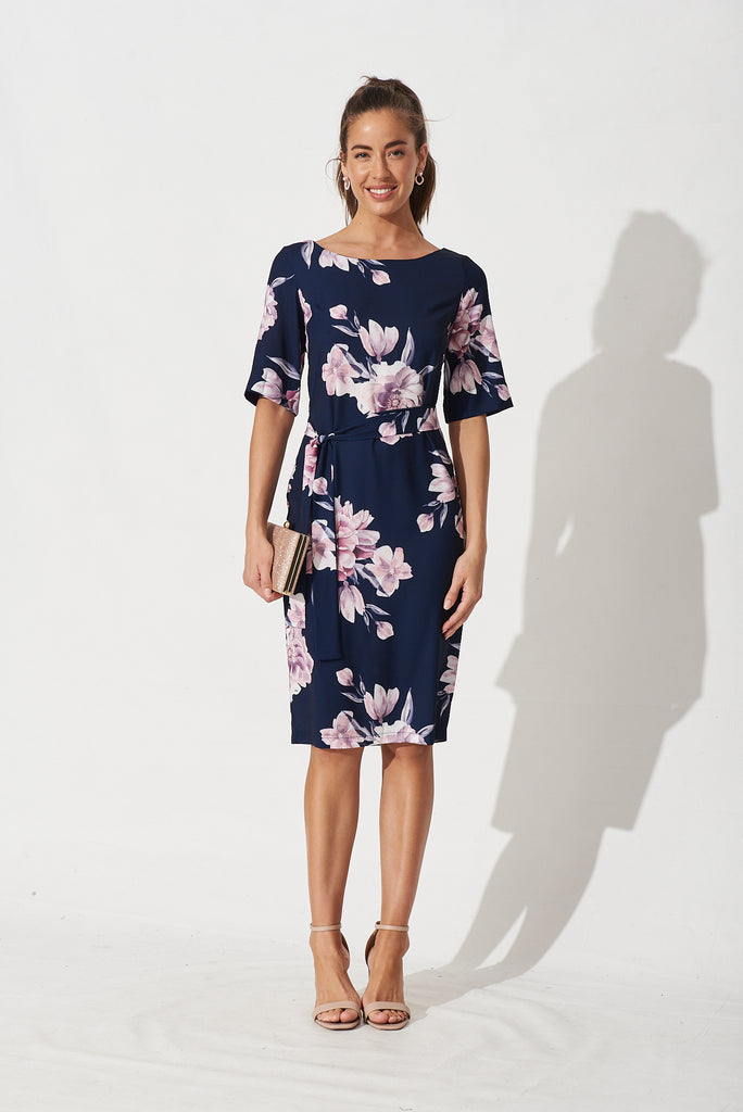 Shanyn Midi Dress In Navy With Blush Floral - Full Length