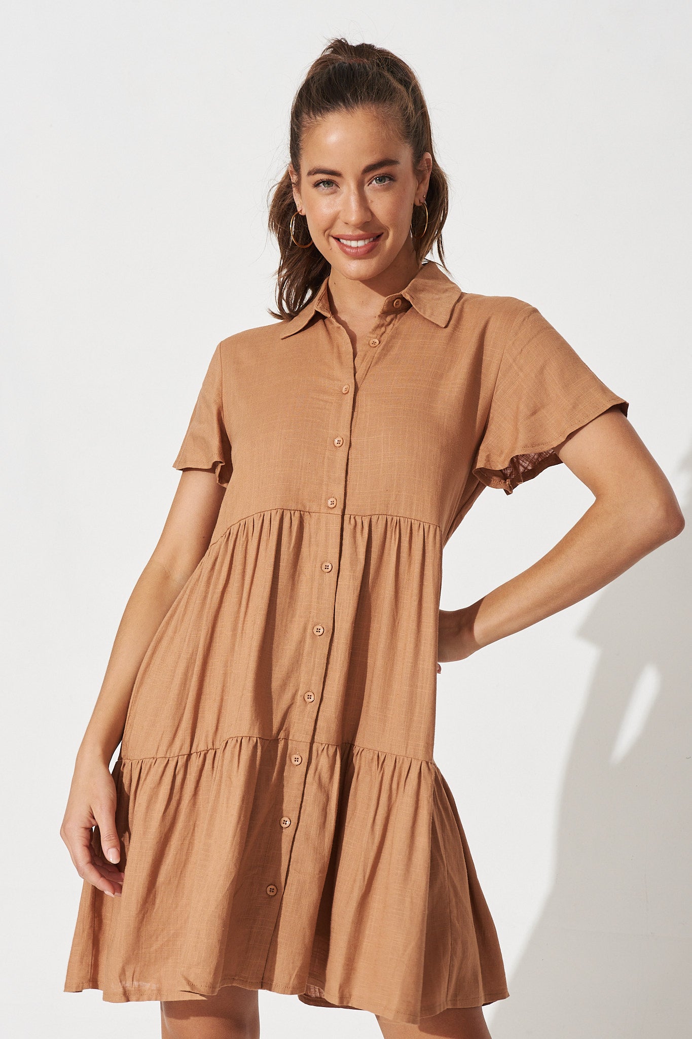 Shazia Shirt Dress In Brown Linen Blend - Front