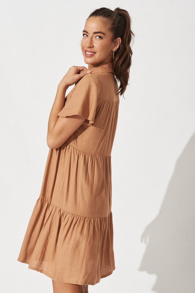 Shazia Shirt Dress In Brown Linen Blend - Side