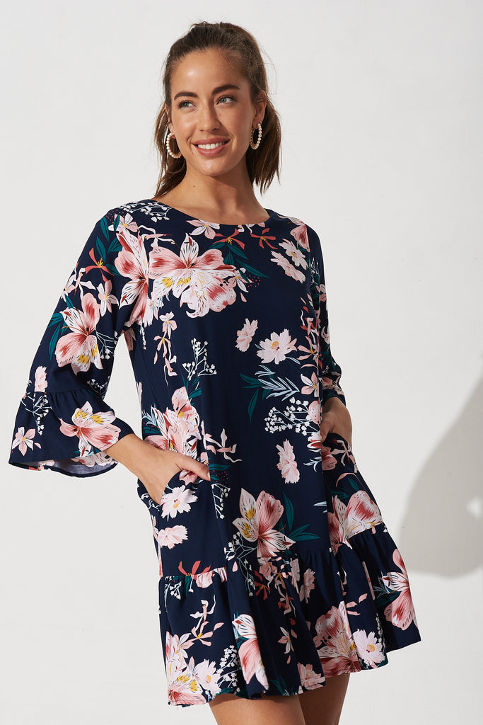 Nadeen Shift Dress In Navy With Pink Floral - Front