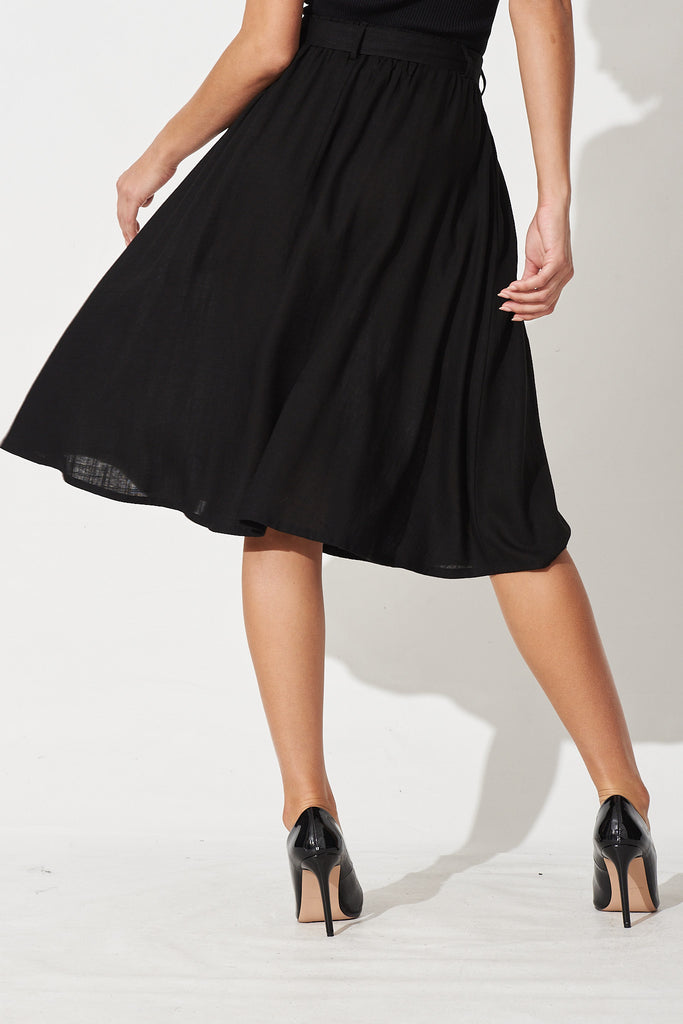 Bailey Midi Skirt In Black Linen - Back
