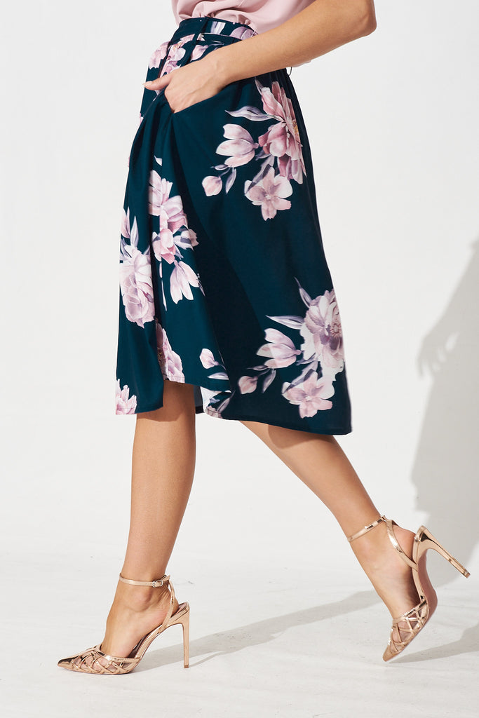 Bailey Midi Skirt In Teal With Blush Floral - Side