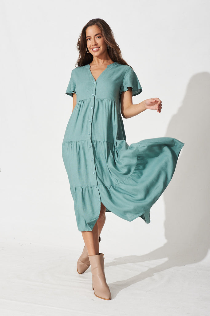 Marvela Midi Shirt Dress in Teal Linen Blend - Full Length