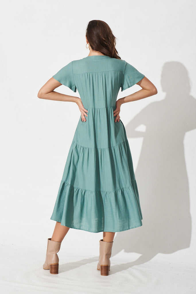Marvela Midi Shirt Dress in Teal Linen Blend - Back