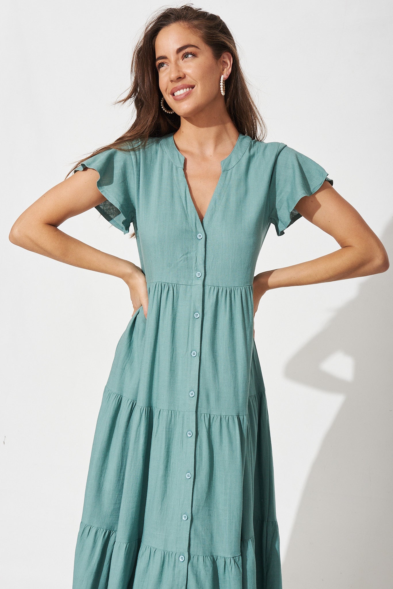 Marvela Midi Shirt Dress in Teal Linen Blend - Front