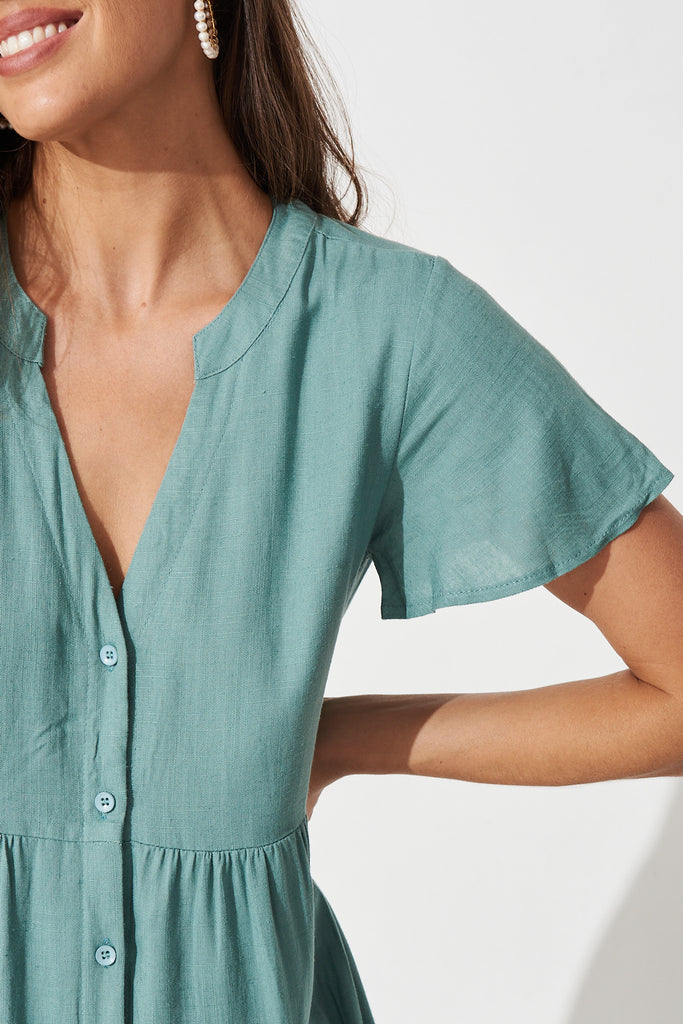 Marvela Midi Shirt Dress in Teal Linen Blend - Detail