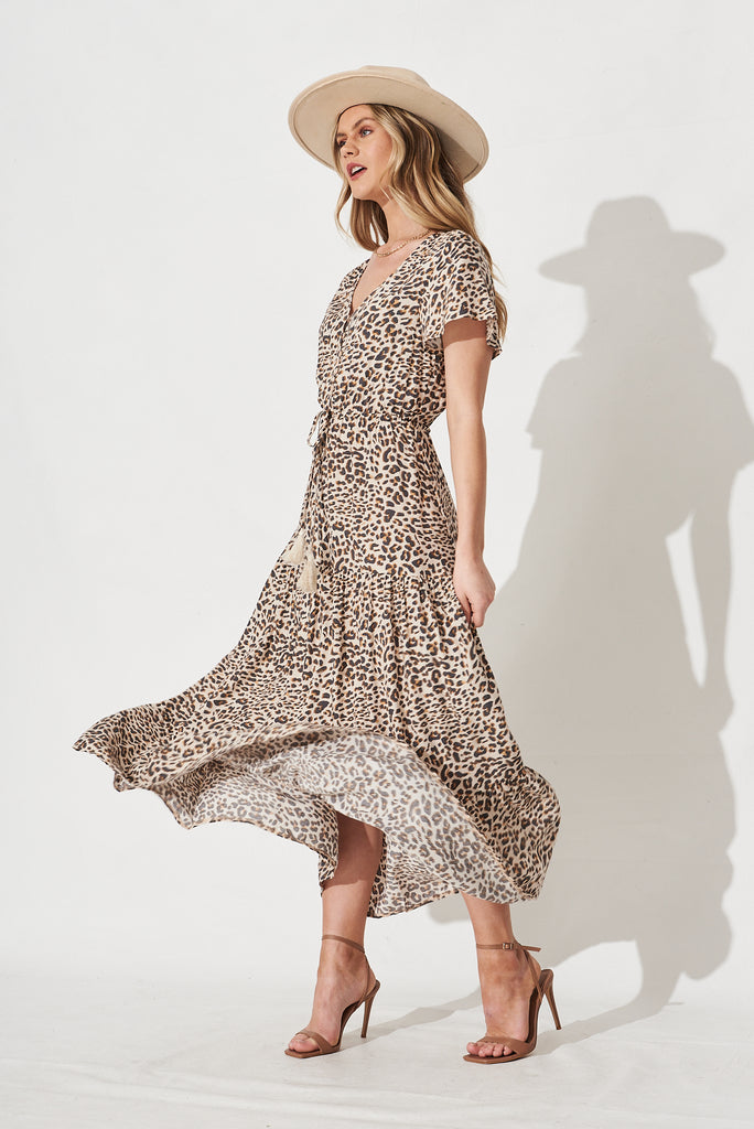 Elxi Maxi Dress in Brown Leopard Print - Full Length